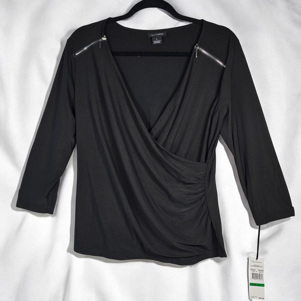 Nue Options Top Woman Large Black Wrap Ruched 3/4 Sleeve Shoulder Zippers NWT